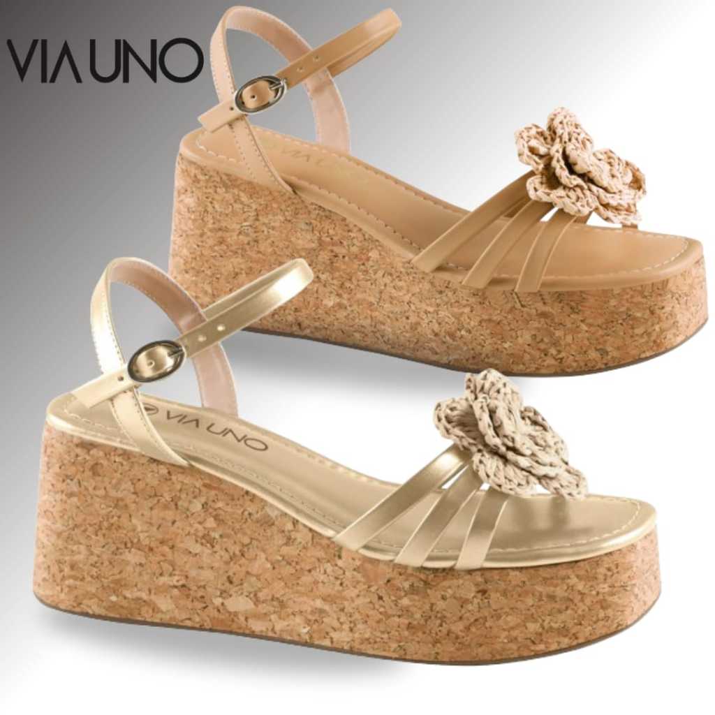 Sandália Anabela Feminina Via Uno com Aplique de Flor Original