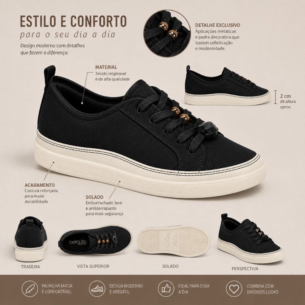 Tenis Casual Beira Rio Conforto Com Aplicações no Cadarço Ref.4294.412 - Imagem 3
